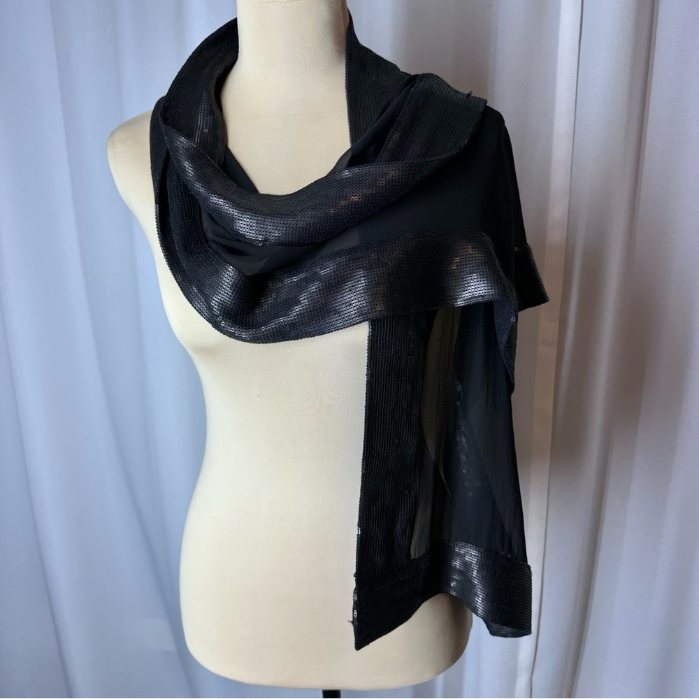 Sequined Trim Black Scarf/Wrap 11 1/2” x 57” Sheer Evening READ - Picture 1 of 6
